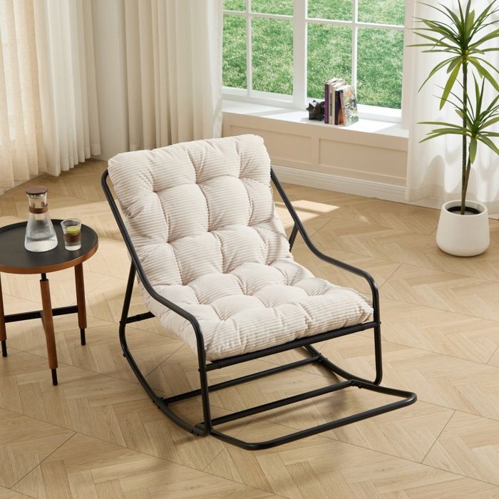 Fauteuil à bascule dextérieur - Velours côtelé - Coussin épais haute densité - Structure acier noire - Pour salon et extérieur