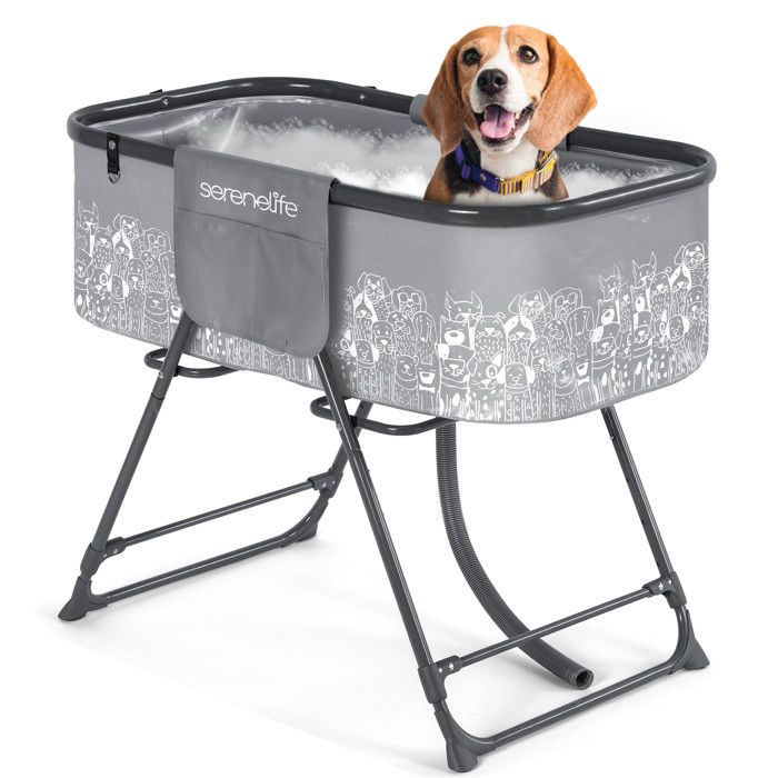 Baignoire Pliable pour Chiens - SereneLife - Hauteur Réglable - Station de Toilettage avec Drainage - Gris
