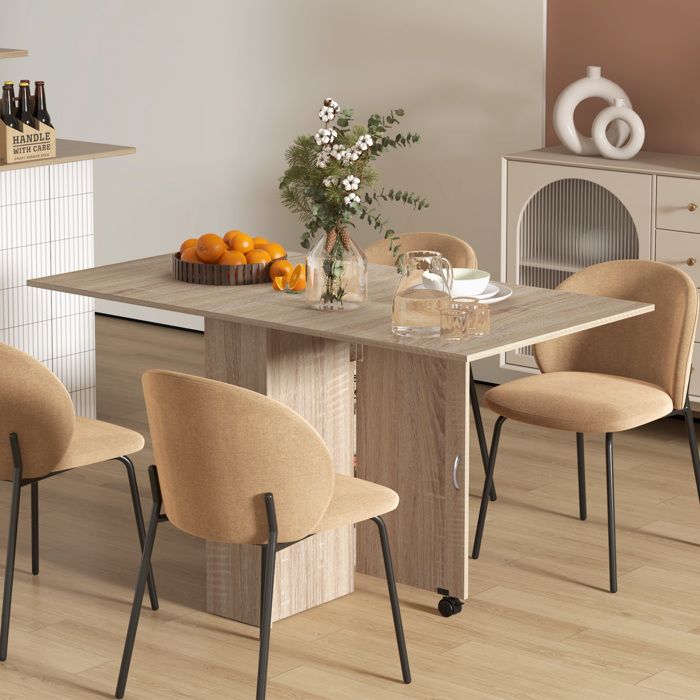 MOTHINESSTO1728-Table à manger pliante mobile sur roulettes 2 plateaux rabattables et 2 étagères intégrées 140 x 80 x 74 cm naturel