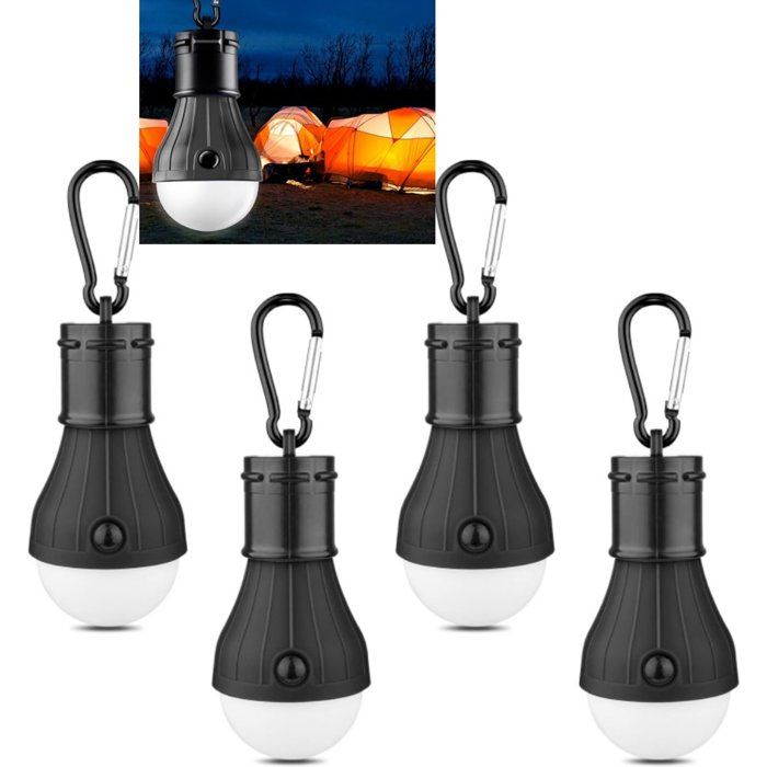 Lampe de Camping LED Portable 4 Pièces À Piles AAA Crochet Mousqueton 3 Modes Étanche IPX8 150 lm Noir