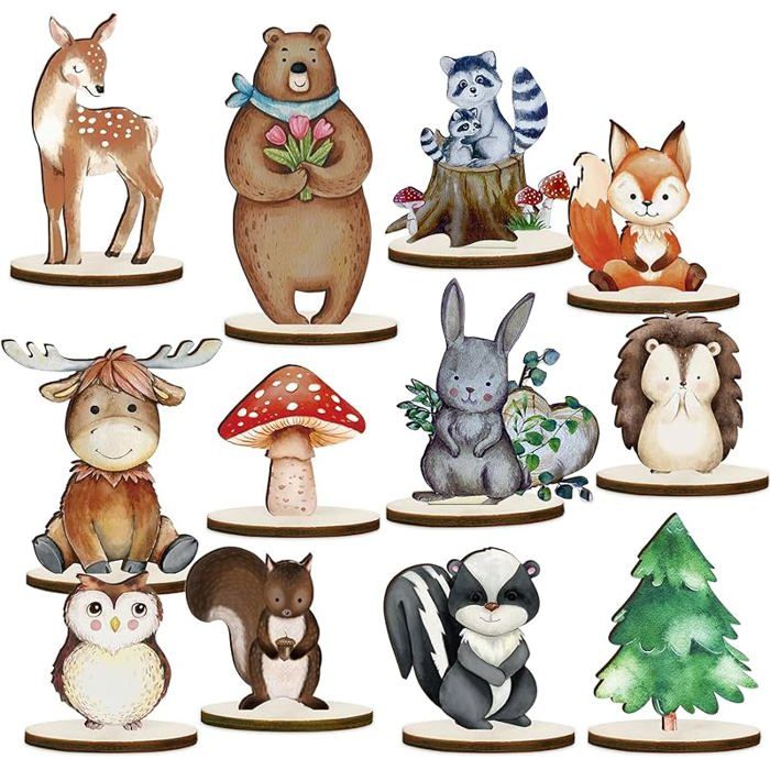 Bois Animaux deForêt Decoration Animaux Ornements Bois 12 Pcs Centres de Table en Boiss Animauxs deForet avec 12 Pièces-A