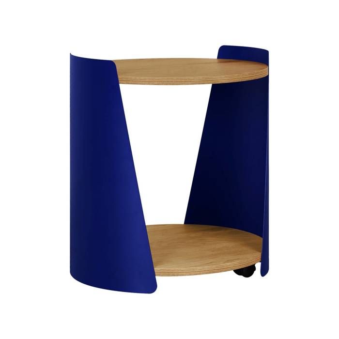 Table dappoint métal courbé et décor bois avec roulettes bleu - Molto