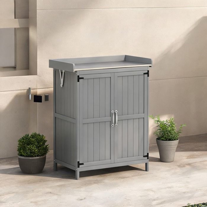Meuble de jardin en bois et inox double usage gris froid rangement et plan de travail extérieur 74 x 43 x 88 cm