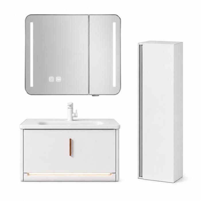 Ensemble meuble de salle de bain avec vasque armoire miroir LED et colonne - 80 cm - Blanc - VALEN Ensemble meuble de salle de bain avec vasque armoire miroir LED et colonne - 80 cm - Blanc - VALEN