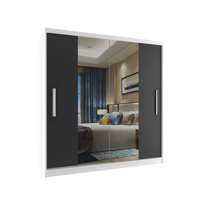 BELINI Grande Armoire 2 Portes Coulissantes VERONA ME 158 cm - Blanc / Noir Mat - Miroir Intégré & Tringle - Chambre Adulte