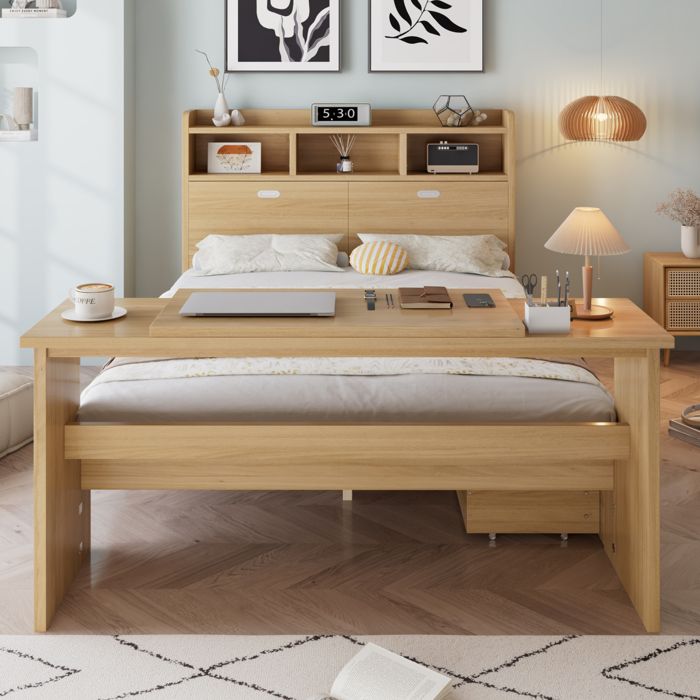 ROVRYN Lit combiné 140 x 200 cm bois naturel avec rangement tiroir réversible table rabattable et sommier