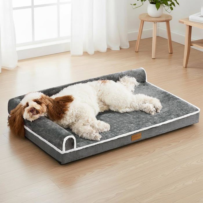 Panier orthopédique chien forme L  Mousse mémoire 9 cm - Housse lavable imperméable - Base antidérapante - 106 x 71 cm - Gris