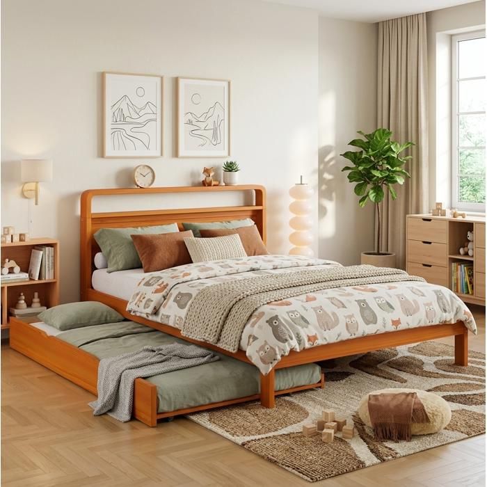 Lit gigogne Double 140×200 cm et 90×190 cm tête arrondie gain de place - YEAVIO - sans matelas bois naturel