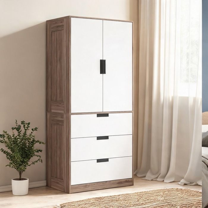 Armoire penderie 2 portes 3 tiroirs marron et blanc 80x50x180 cm chambre
