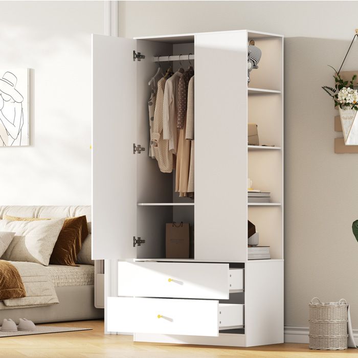 Armoire penderie avec miroir EVRYAE 80x40x180 cm 1 porte 2 tiroirs 4 étagères MDF blanc