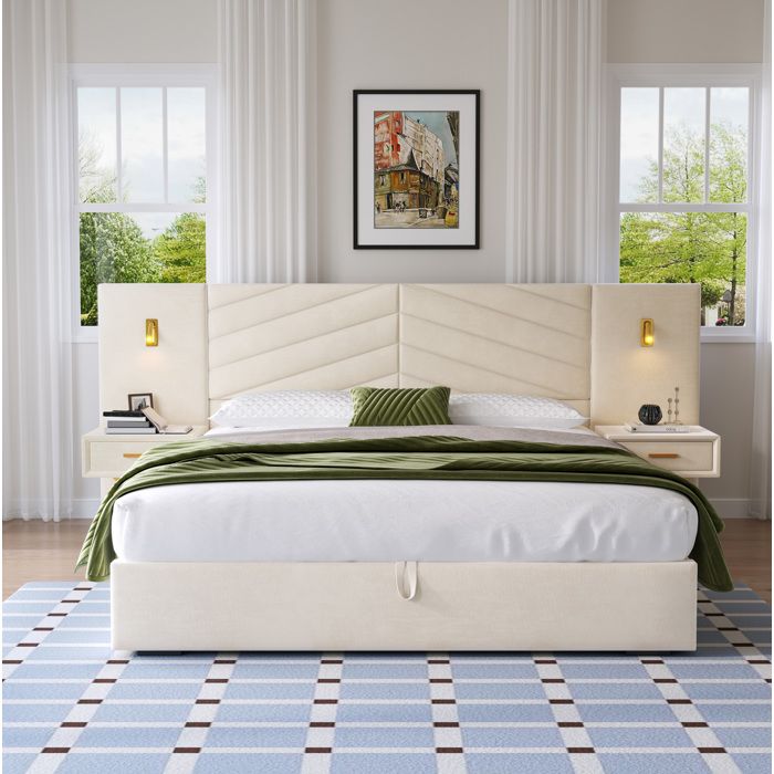 Lit coffre 160 x 200 cm en velours beige blanc avec 2 LED 2 tables de chevet sommier à lattes et rangement