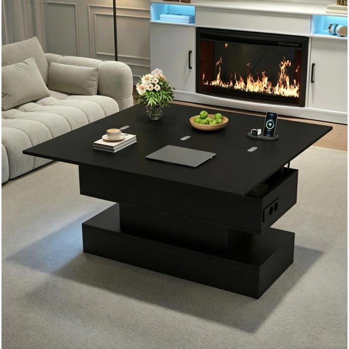 Modenuit Table basse relevable 100x50x51 5 cm avec rangement LED prise intégrée USB-C et USB noire