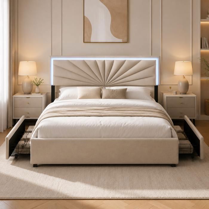 Lit coffre 160x200cm avec LED dambiance réglable 4 tiroirs de rangement Lit 2 Personnes Tête de lit design soleil Beige lin