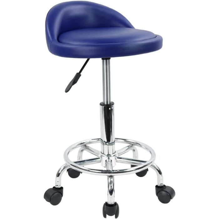 Tabouret À Roulettes De Bureau Tabouret De Travail Réglable En Hauteur 48-64Cm En Cuir Synthétique Avec Repose-Pieds Bleu[IN32]
