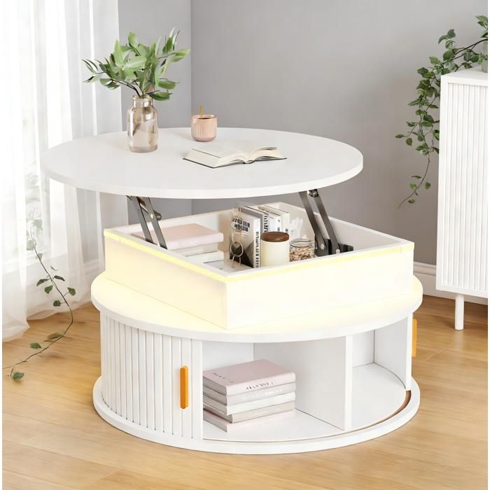 Table basse relevable ronde 75 cm blanche en MDF avec LED et rangement intégré