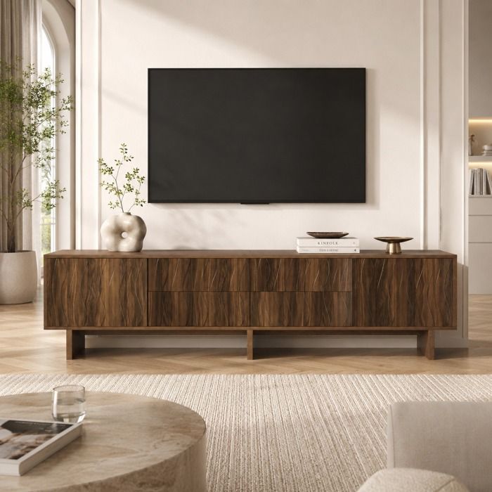 Meuble TV 180x40x56 cm aspect noyer 4 tiroirs + 2 portes adapté téléviseur jusqu’à 75 pouces salon