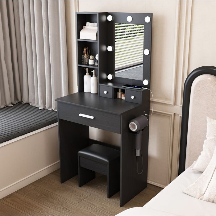Coiffeuse avec miroir LED 3 modes prise intégrée support sèche-cheveux tabouret rembourré noir MDF 60 x 38 x 131 5 cm