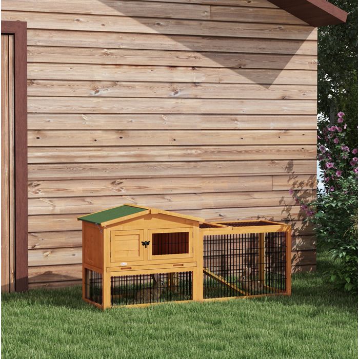 Clapier lapin enclos extérieur double étage avec rampe toit incliné bois jaune 150x52x68 cm FOLYNA