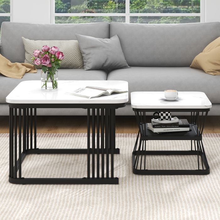 Maisentiel Lot de 2 tables basses carrées MDF effet marbre brillant blanc structure acier noire