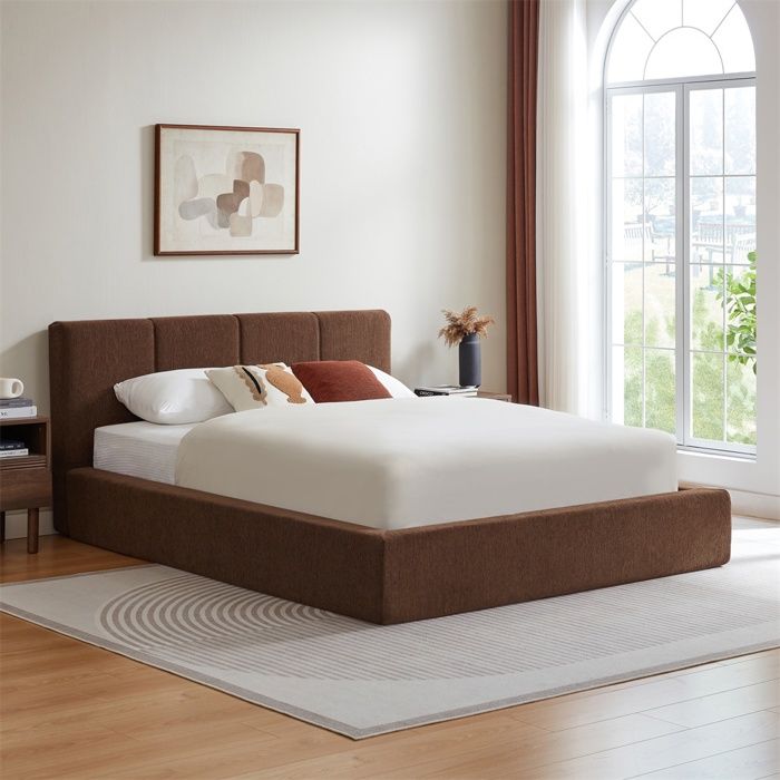 Lit 140x200cm - Lit Double 140x200 - Lit Rembourré avec Tête de Lit Cadre en Acier Renforcé Sans Sommier Tapissier - Marron