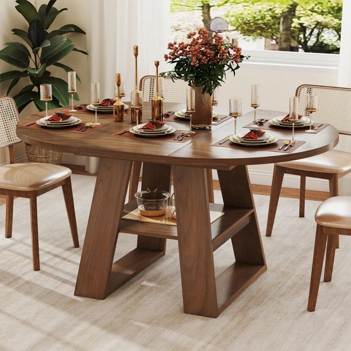 Table à manger extensible-110/150*100cm-pour 4-6 personnes-table ronde-avec espace de rangement et étagères-bois Noyer grain