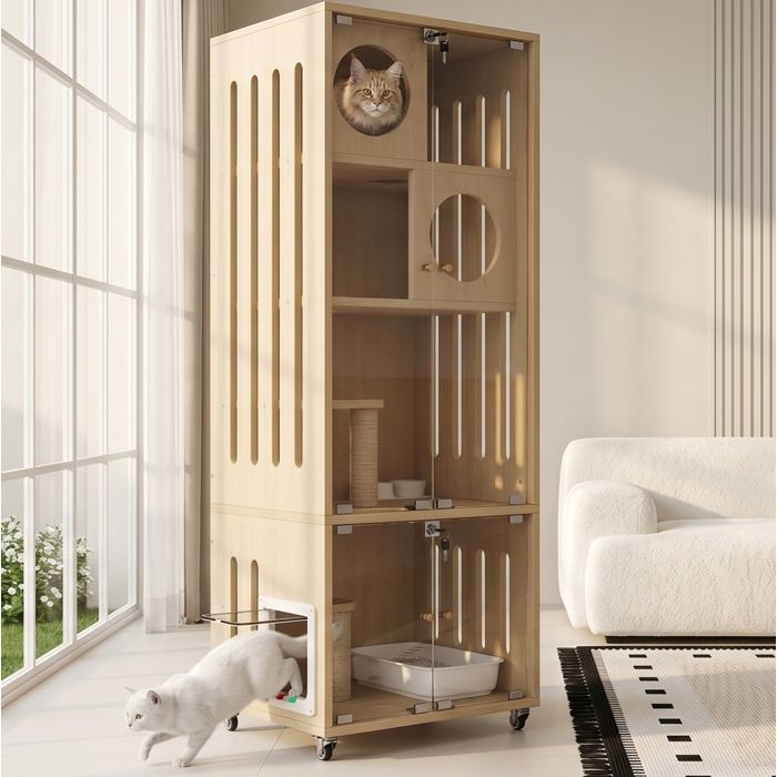 Enclos intérieur pour chat et chinchilla 60 x 50 x 156 cm MDF et verre roulettes verrouillables