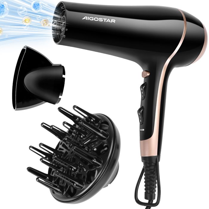 Aigostar Lora - Sèche-cheveux ionique professionnel avec diffuseur et concentrateur. 2400 W. Option air froid. Design exclusif.