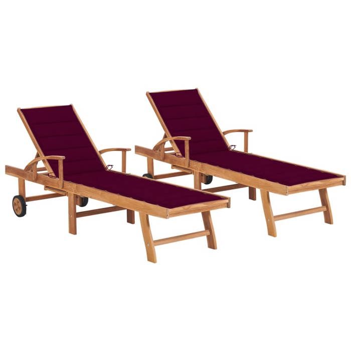 lot de 2 transats chaise longue bain de soleil lit de jardin terrasse meuble d exterieur 195 cm avec coussin rouge bordeaux teck s