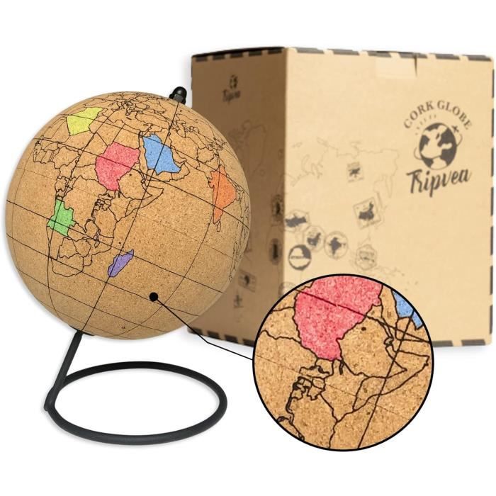 Globe Terrestre Vintage 20cm En Liège TRIPVEA - Avec Drapeaux - Déco Bureau Ou Chambre