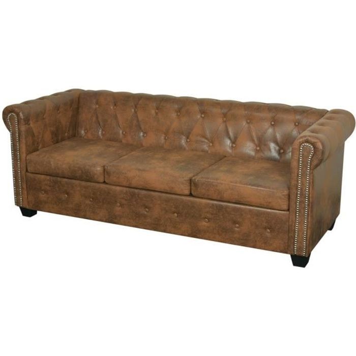 Canapé Chesterfield droit fixe 3 places -2005 x 76 x 70 cm Style cl Canapé Chesterfield 3 places Cuir artificiel Marron #R1890