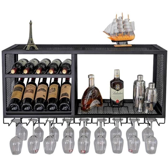 Desserte Vintage style industriel 3 /étag/ères 5 range-bouteilles support verres /à vin m/étal noir imitation bois