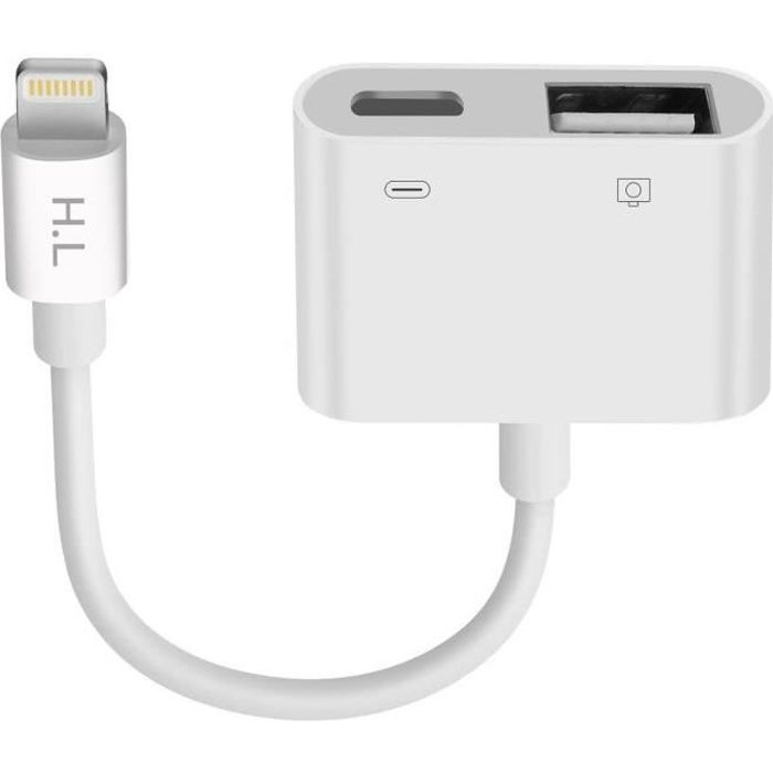 Adaptateur iPhone / iPad Lightning vers USB et Lightning Charge Compact Blanc Cdiscount