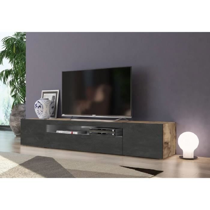 meuble tv de salon - dmora - made in italy - 3 portes et étagères - couleur erable et ardoise