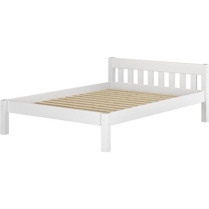 Grand lit simple style contemporain pin massif blanc 120x200 y compris sommier à lattes 60.38-12W Grand lit simple style contemporain pin massif blanc 120x200 y compris sommier à lattes 60.38-12W