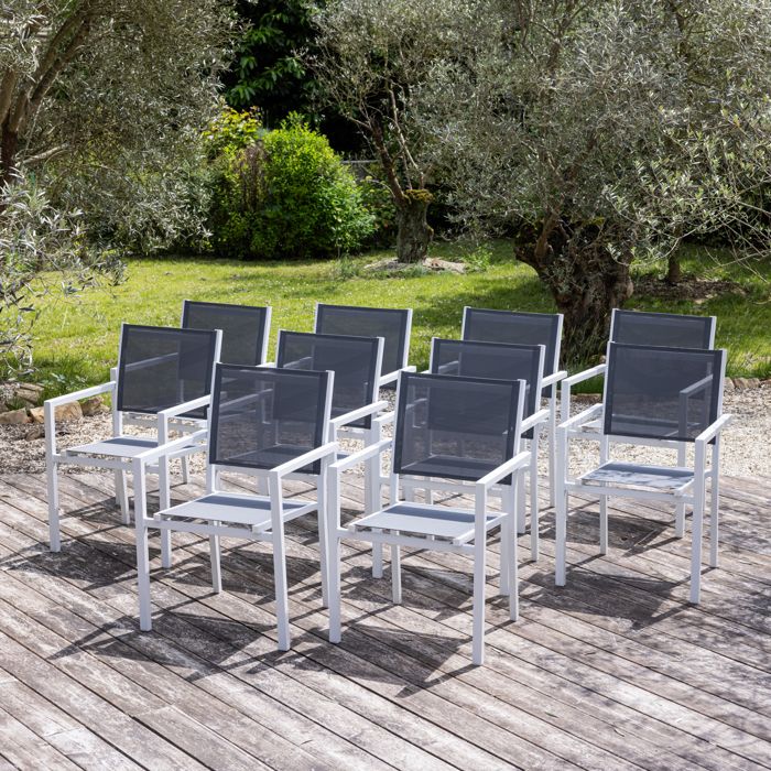 Lot de 10 chaises en aluminium blanc - textilène gris Lot de 10 chaises en aluminium blanc - textilène gris