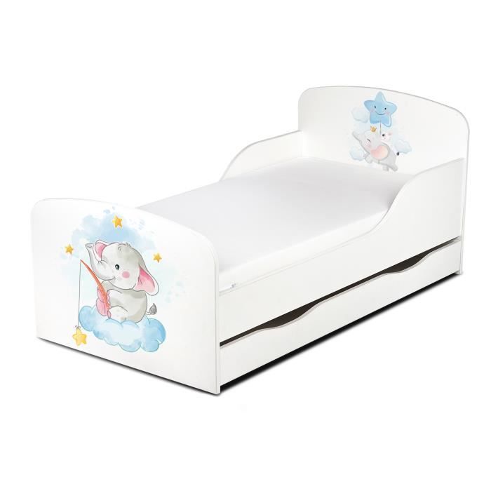 lit d'enfant toddler couleur blanc avec rangement + matelas motif l'éléphant