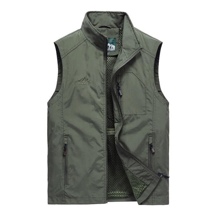 Gilet de Pêche Homme - Veste Zippee Sans Manches - Séchage Rapide - Grande Taille - Vert militaire