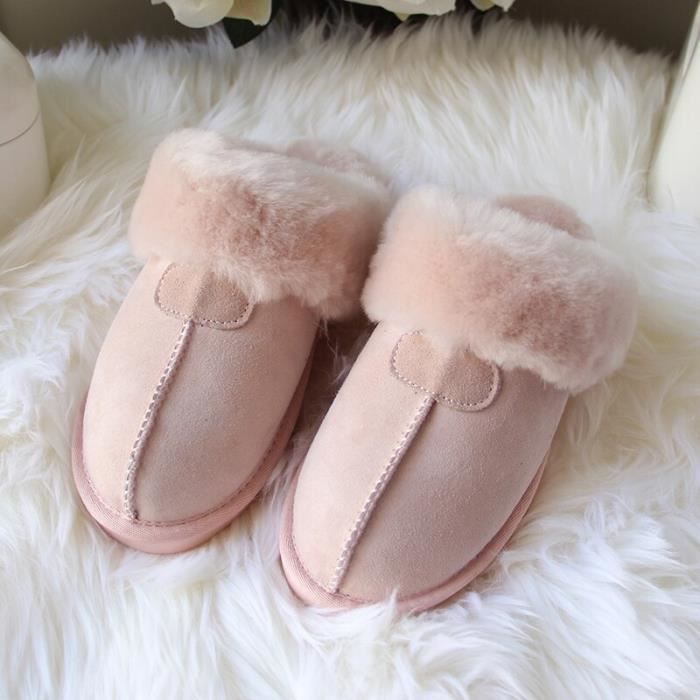 Chaussons Femme 100% Laine Mouton Et Cuir - Pantoufles Très Chaudes Pointure 39