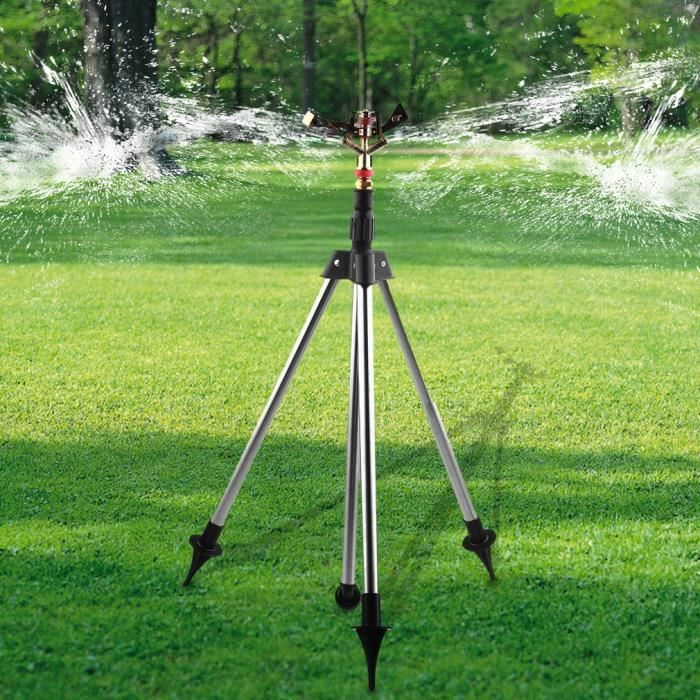 Arroseur de jardin sur trépied à rotation 360° avec tête d'irrigation automatique et pieds ajustables