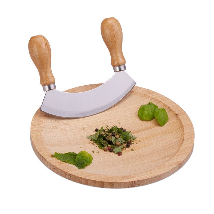 Relaxdays Berceuse à herbes, Hachoir demi-lune avec planche, couteau inox herbes, planche bambou, HxD: 2 x 20 cm, nature -