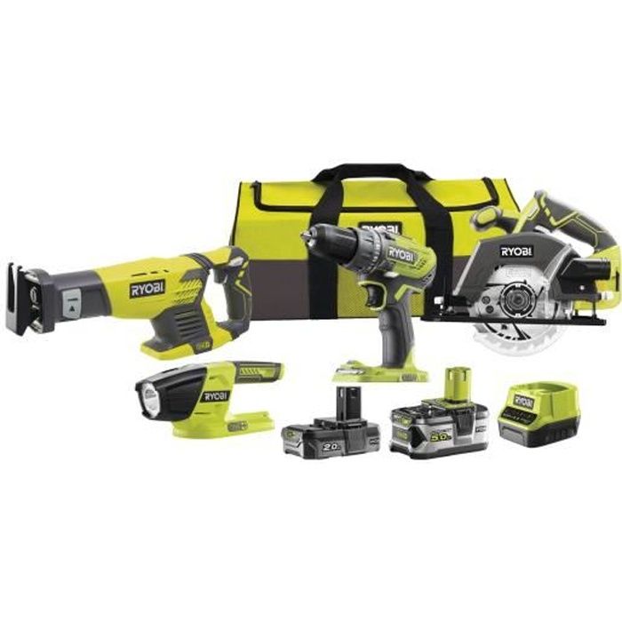 Pack doutils Ryobi R18CK4 Perceuse scie circulaire scie sabre lampe 18V 2 batteries 5Ah et 2Ah