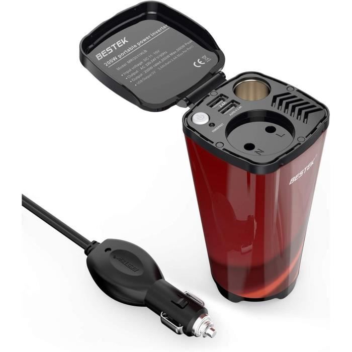 Convertisseur 12V/230V BESTEK En Forme Tasse - 200W, 2 Ports USB, Pour Voiture