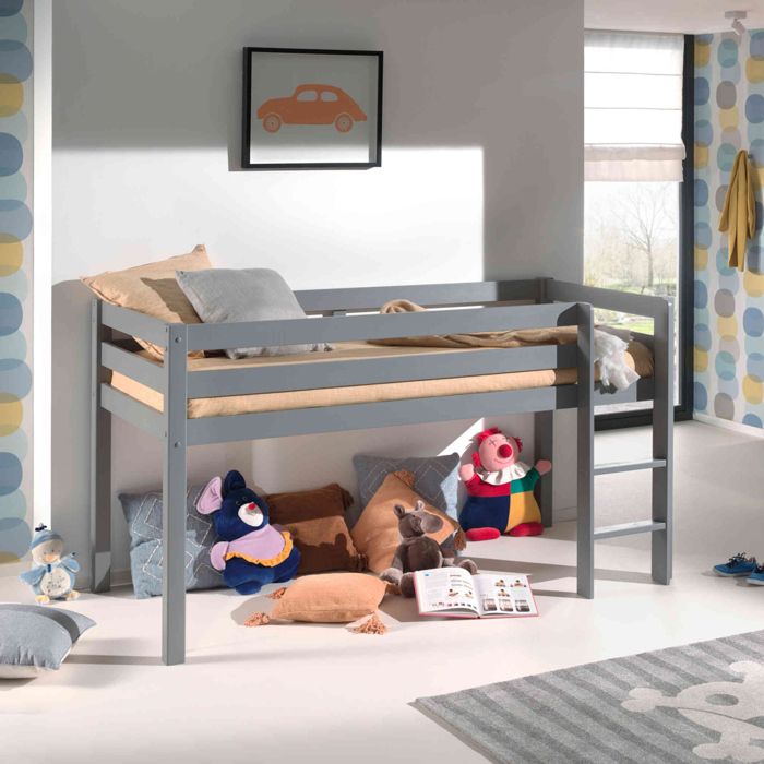 Lit mi-hauteur enfant en bois massif gris 90x200 cm - LT2039 - Gris - Terre de Nuit