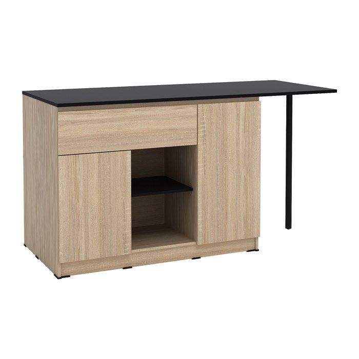 Ilot central de cuisine avec 2 portes 1 tiroir et 2 niches - Naturel et noir - TUNORI