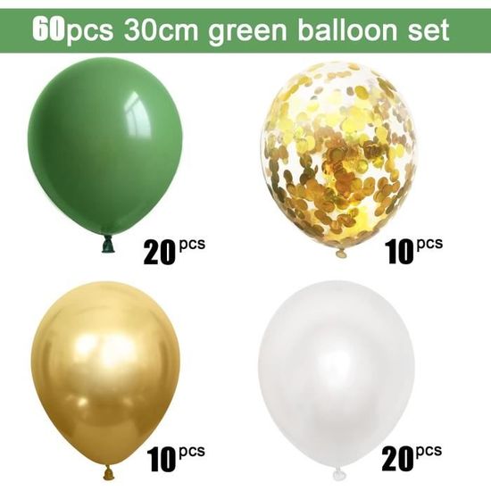 JINYJIA Ballons,60pcs Ballon Vert Olive Or Blanc,Latex Ballons Vert Olive  Blanc avec Confettis Métallisé Ballons Or,30cm Ballons Vert Dore Blanc pour