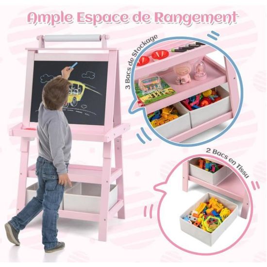 Tableau noir pour enfants 2 en 1, chevalet pour enfants double face, chevalet avec tableau noir, tableau blanc, boîtes de rangement, pour enfants de 3 à 8 ans, rose