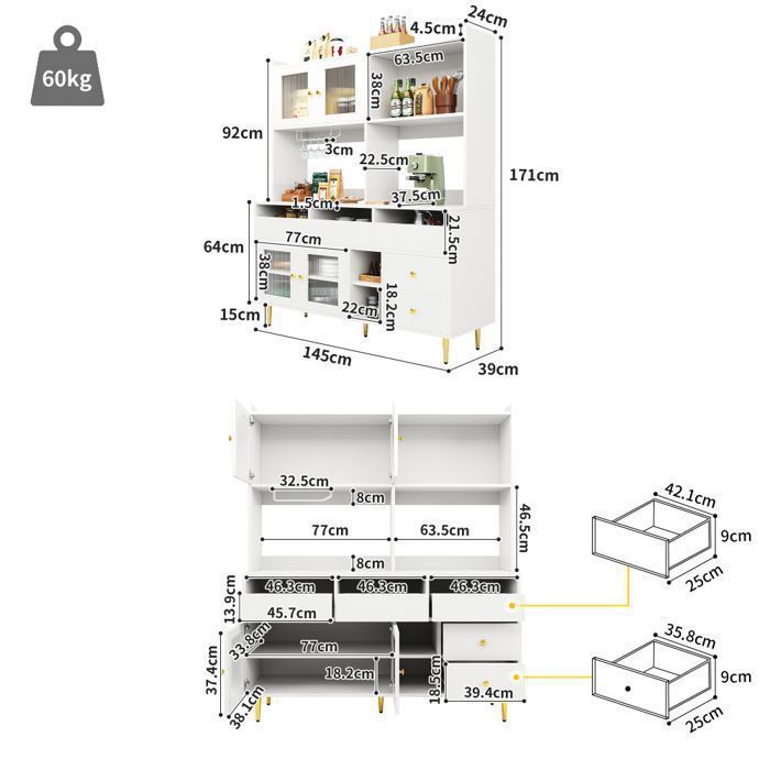 Buffet haut vitrine étagères réglables armoire salle à manger 2 tiroirs éclairage led couleurs lumière variables blanc Buffet haut vitrine étagères réglables armoire salle à manger 2 tiroirs éclairage led couleurs lumière variables blanc