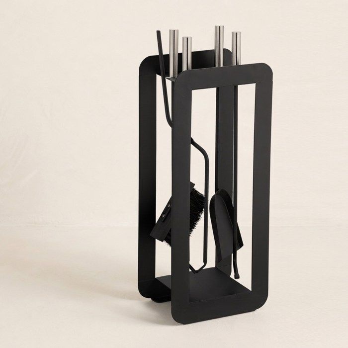 Ensemble Serviteur Cheminée 4 Pièces – Pelle, Balai, Grattoir, Support – Acier Et Bois, Design Moderne Noir