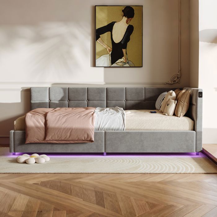 Lit Coffre 90x200cm, Canapé Lit 90x200 cm, avec Éclairage LED et Ports