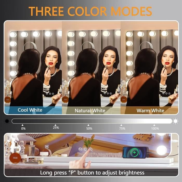 Femor Hollywood Miroir de maquillage avec 12 ampoules LED à intensité  variable, contrôle tactile, 40 x 50 cm - Cdiscount Maison
